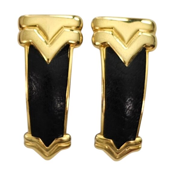 Gold Tone V Victory Black Leather Inlay Clip-On Earrings Designer Style L829